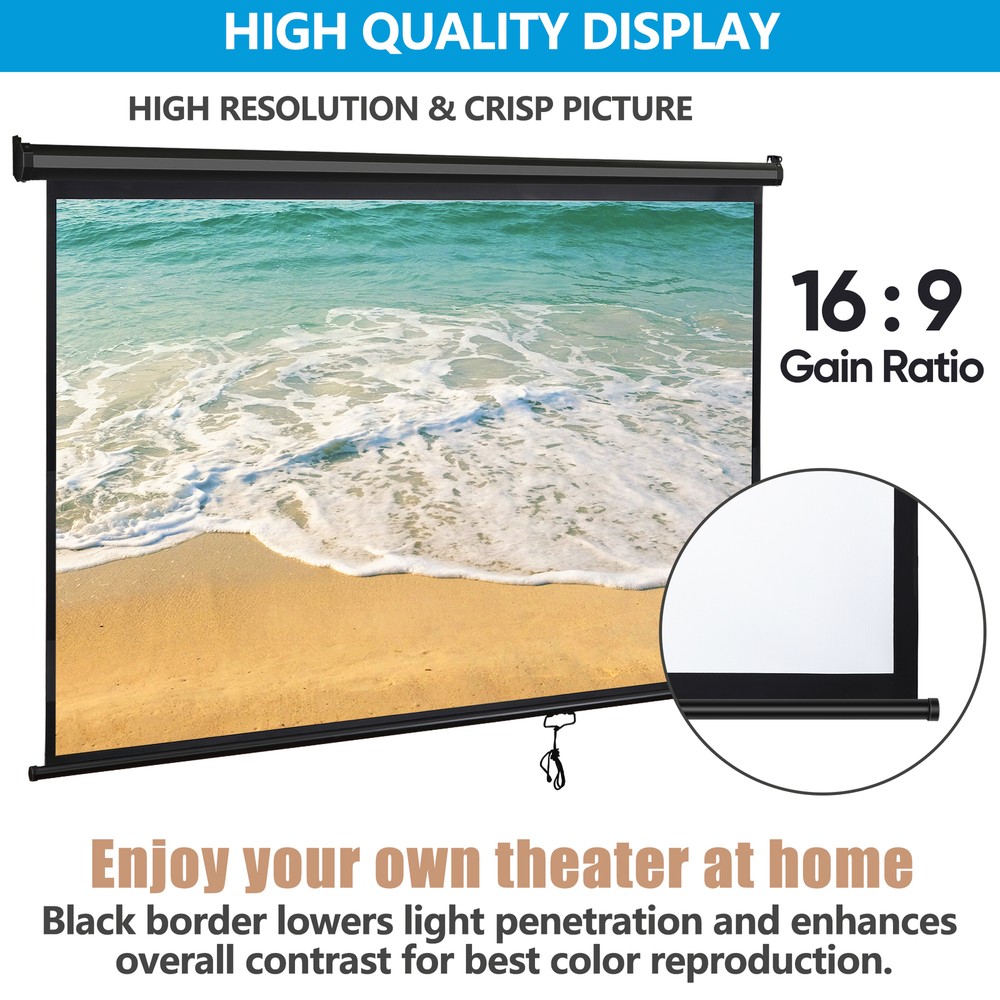 Outdoor Projector Screen Pull Down 80" 16:9 HD Ceiling Projection Screen Black