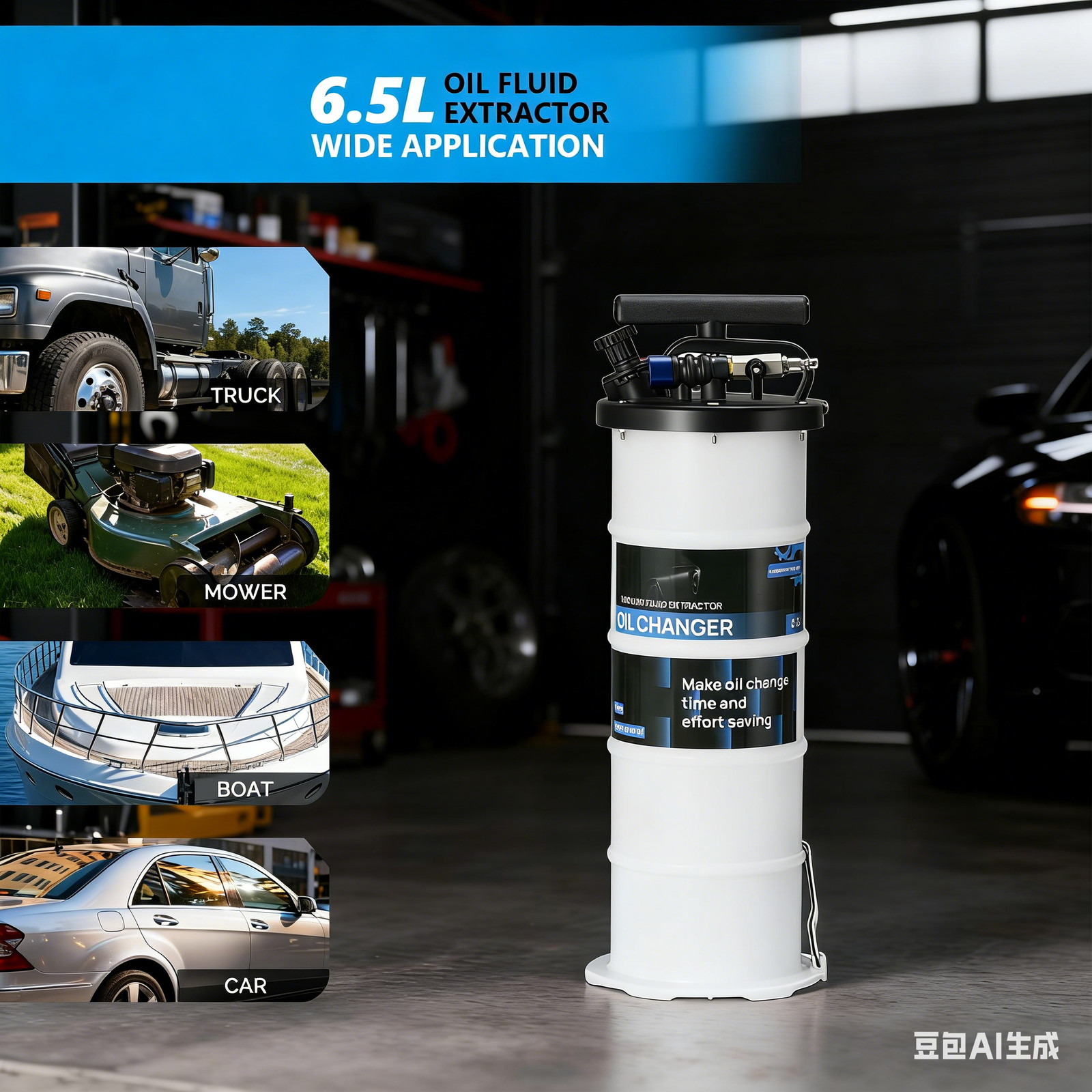 6.5L Fluid Extractor Pump Pneumatic Manual Oil Change Tool w/ 84.6" Hoses Blue