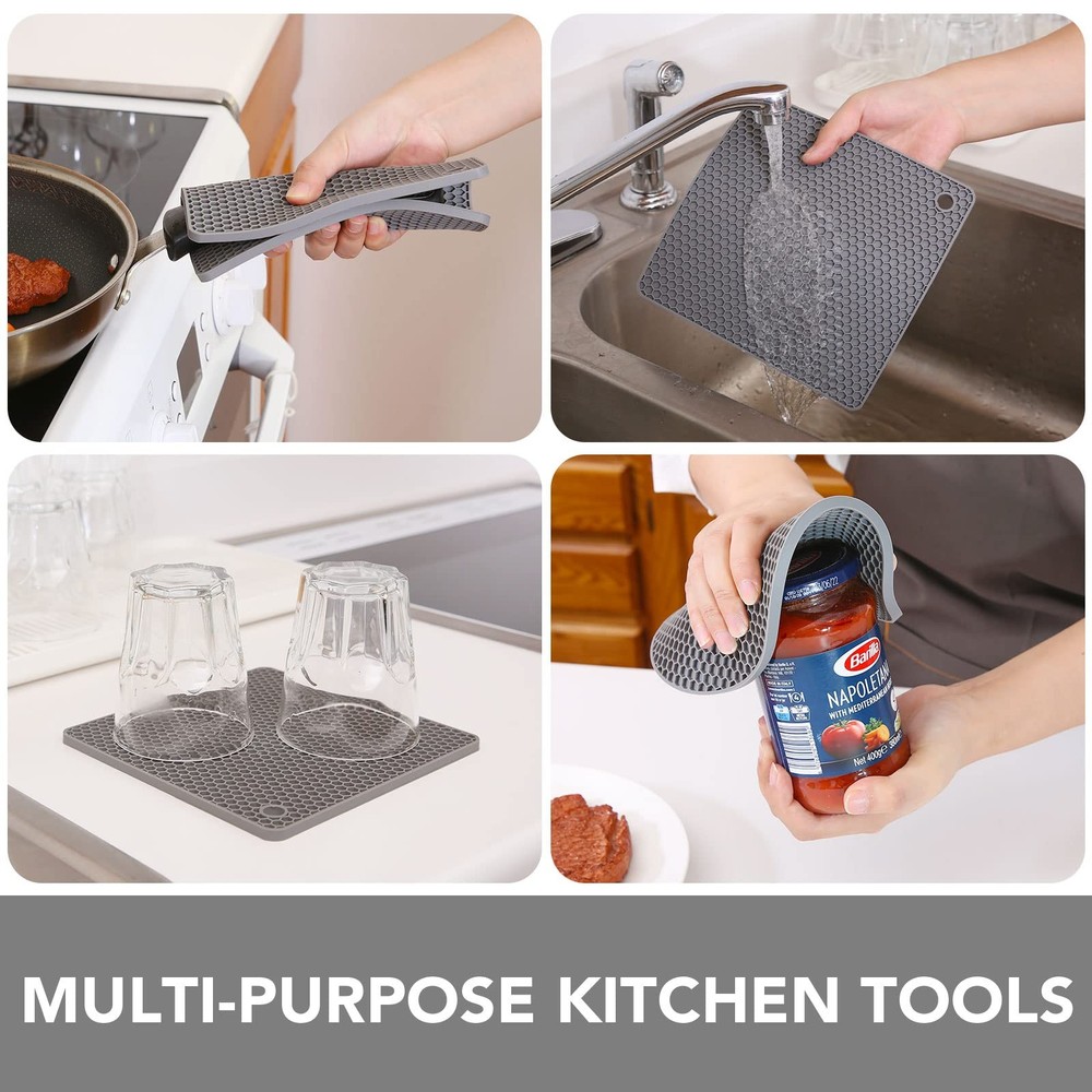 Non Slip Silicone Trivet, Hot Dish Pad, Countertop Protector, Compact, Grey