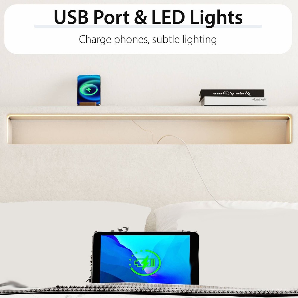 Upholstered Platform Bed Large Size Frame With LED Light And Charging Function