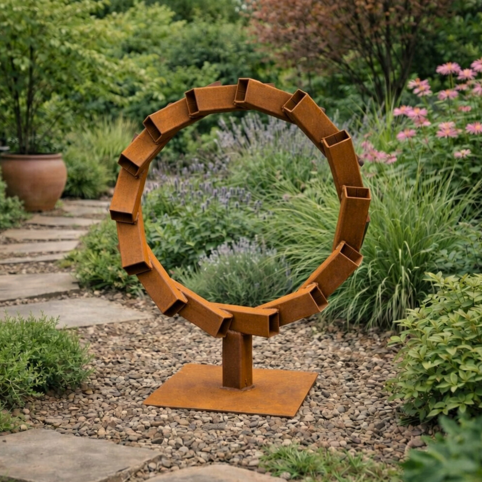 Metal Garden Sculpture Outdoor Yard Art Rusted Steel Modern Lawn Decor 30in