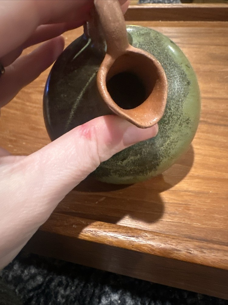 Handmade Studio Pottery Grey,Brown Green Glazed With Handle Mini Pitcher