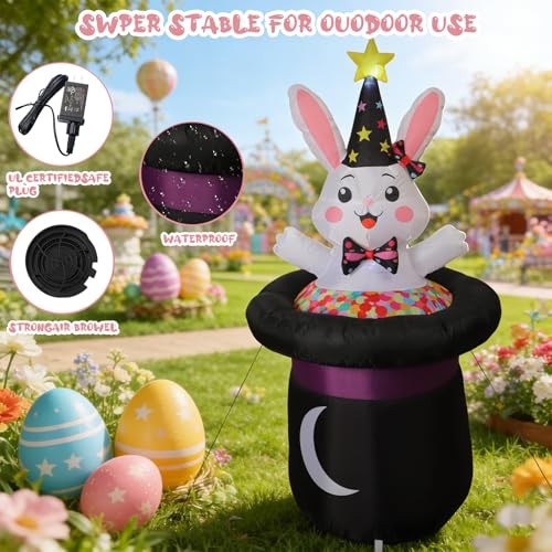 5 Ft Inflatable Easter Bunny in Magic Hat Yard Decoration, Cute Wizard Rabbit