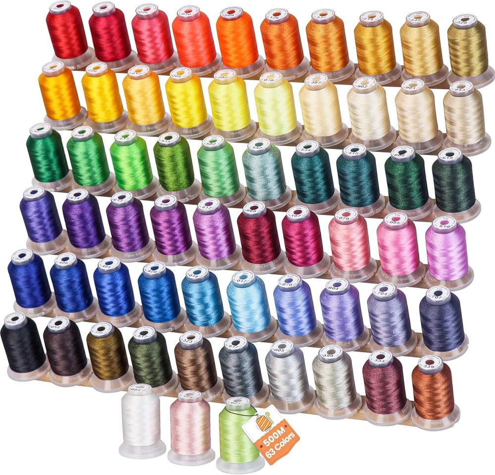 100% Polyester Embroidery Thread Set - 63 Colors, 550yd Spools with Thread Nets