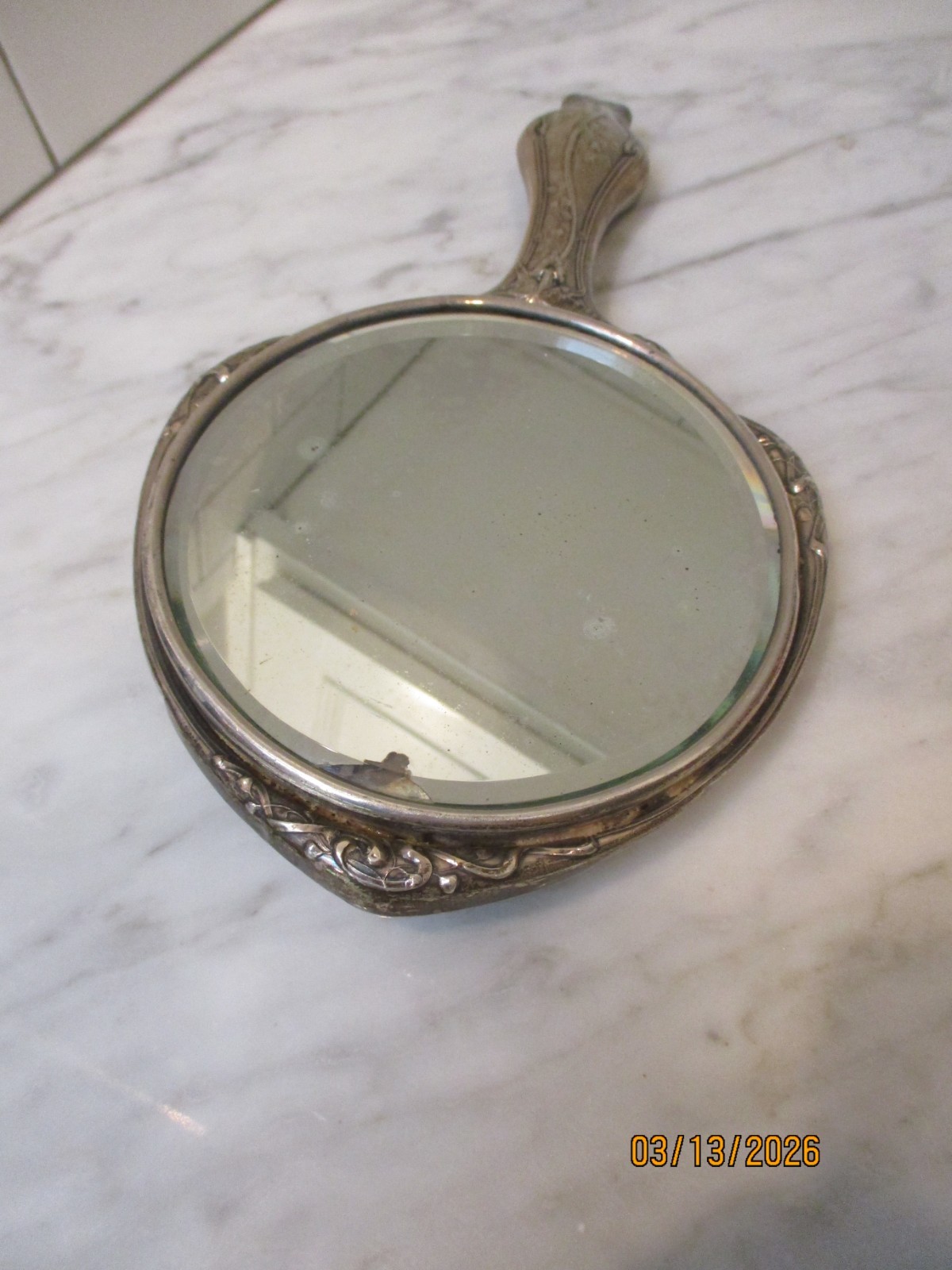 Antique Art Nouveau Sterling Silver Hand Mirror Embossed Flowers & Butterfly