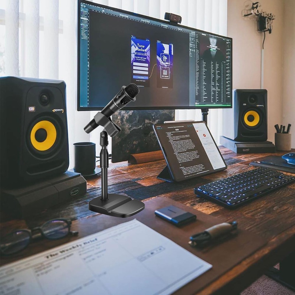 Desktop Microphone Stand, Adjustable Height Desk Mic Stand with Heavy Base Ca...