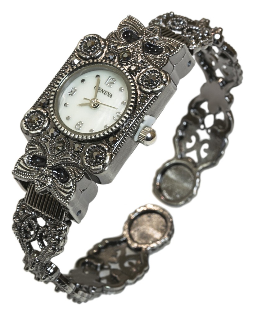 Blekon Collections Women's Antique Rectangular Case Marcasite Bangle Cuff Watch