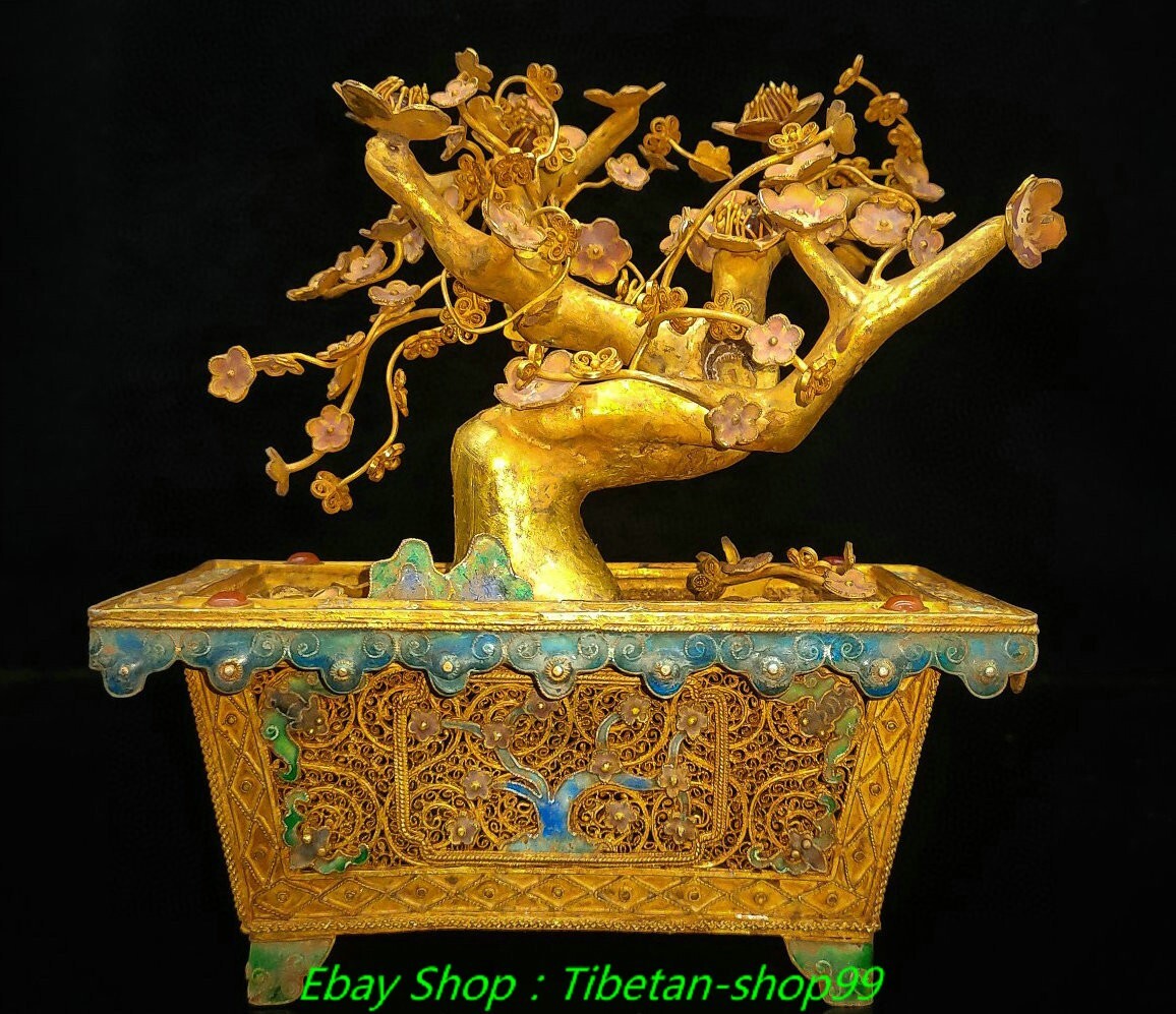 6.3"Old Pure Silver Gilt Cloisonne Enamel Plum Tree Flower Pot Bonsai Statue