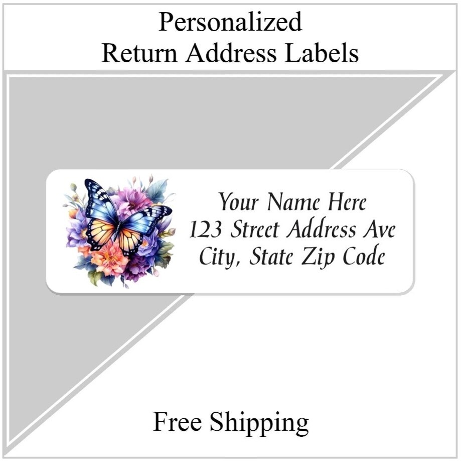 60 Return Address Labels Personalized Printed 3/4 x 2 1/4 Floral Butterfly