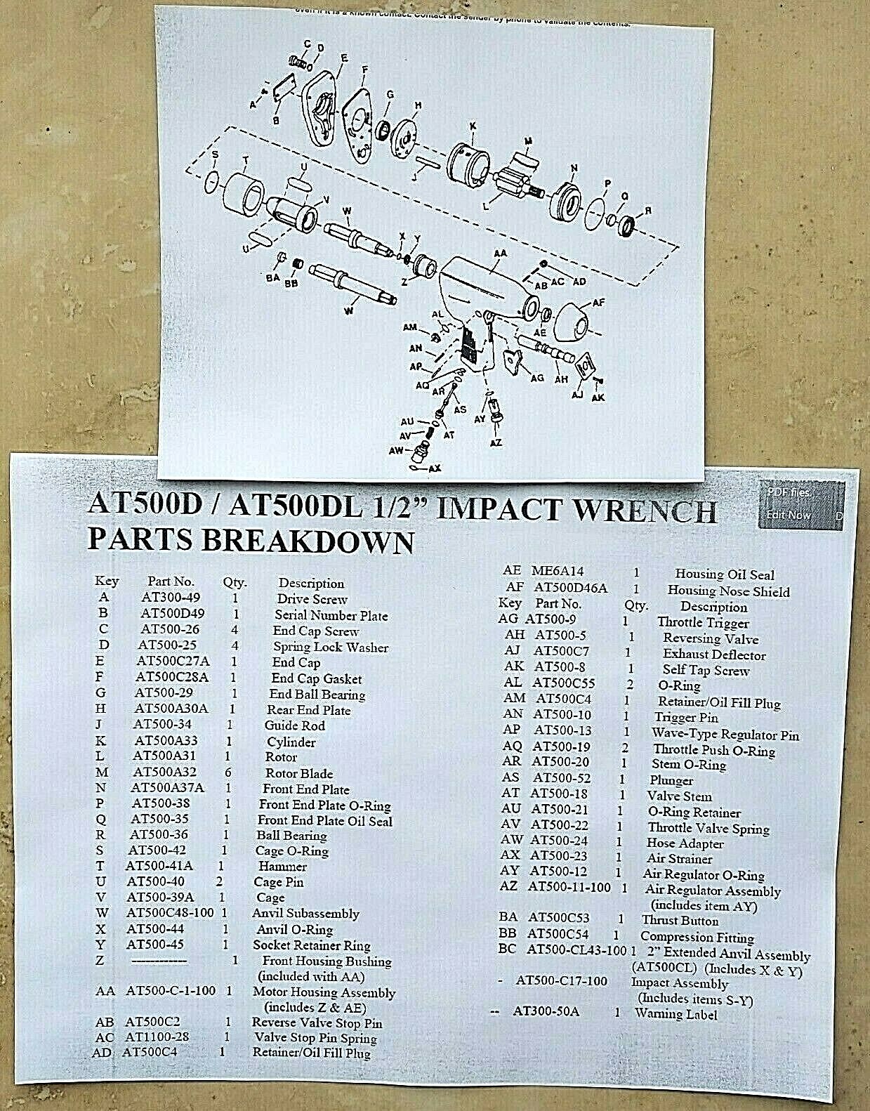 BLUE POINT AT500: A,B,C,D,E 1/2" DRIVE TUNE UP KIT WITHOUT A BACK COVER GASKET