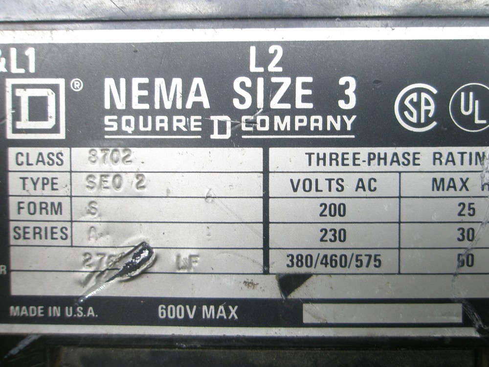 SQUARE D SIZE 3 CLASS 8702 TYPE SE0 2 SERIES A MOTOR STARTER