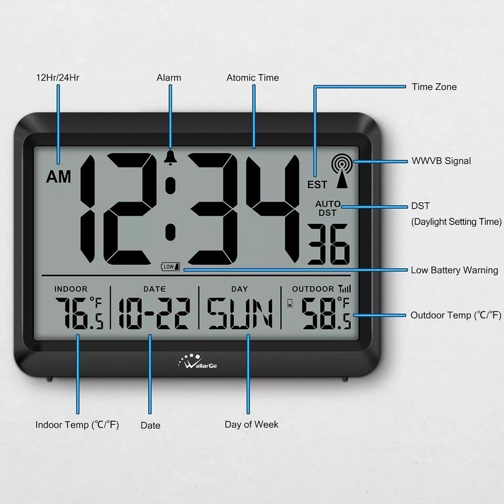 Atomic Clock With Indoor Outdoor Temperature, Self-setting Digital Wall