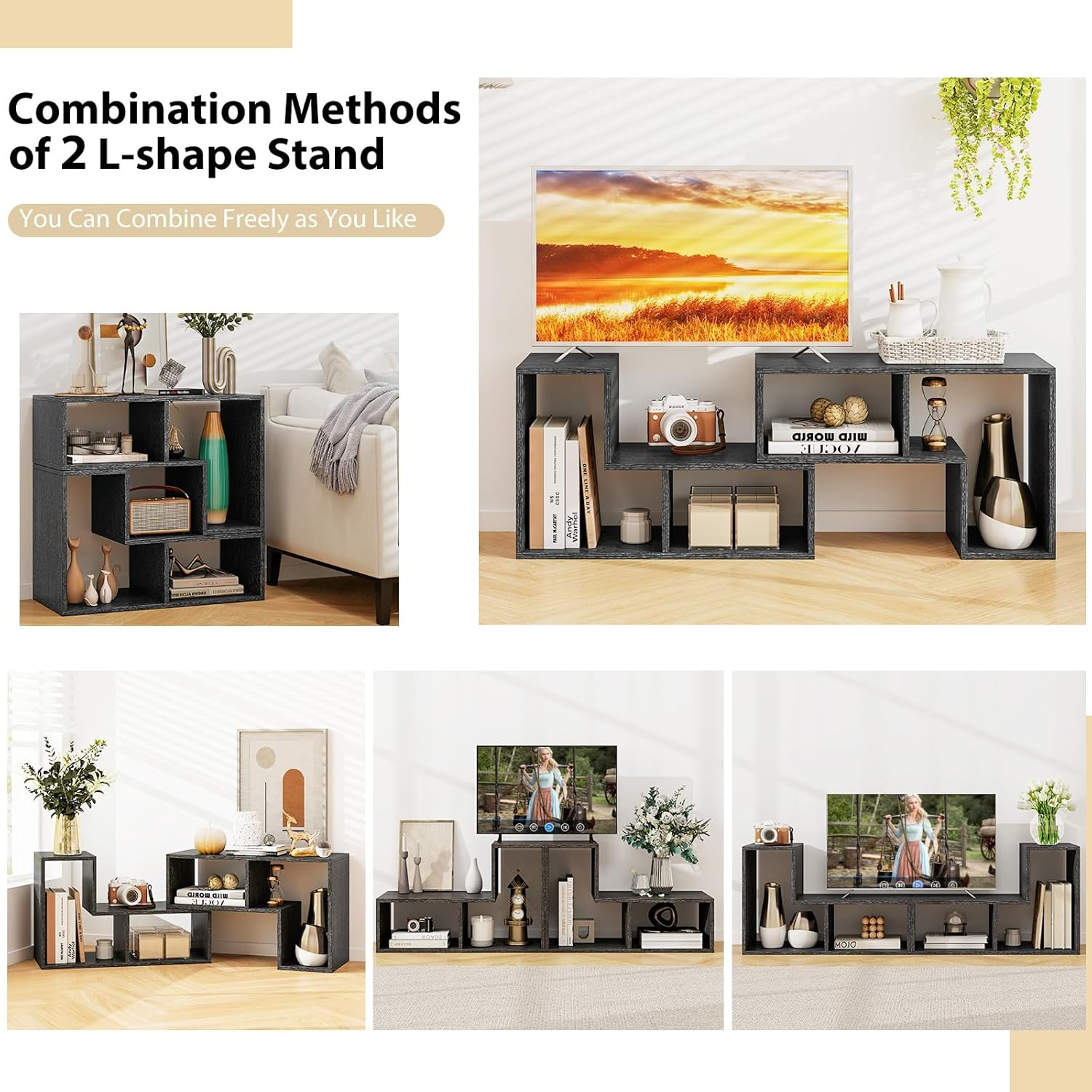 3 Piece Adjustable TV Stand Console Media Center for 50-65 Inch TV Black