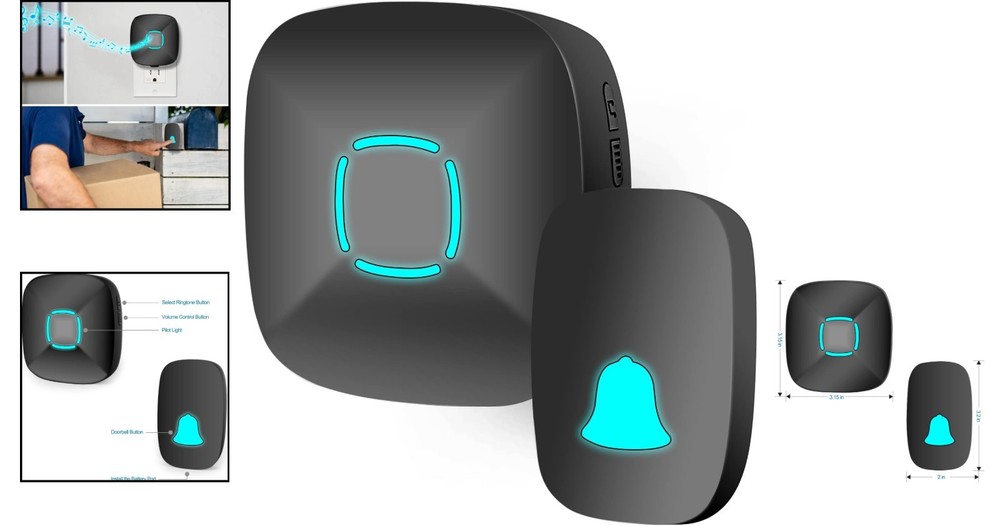 Classic Black Wireless Doorbell - 36 Chimes, Adjustable Volume, 1000ft