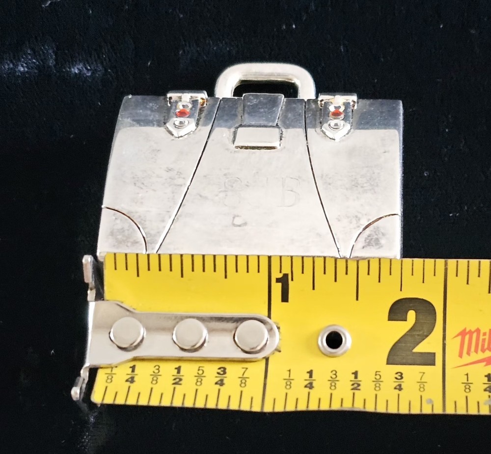 Vintage Silver Tone Mini Suitcase Trinket/Pill Box Red Rhinestones Engraved SJB