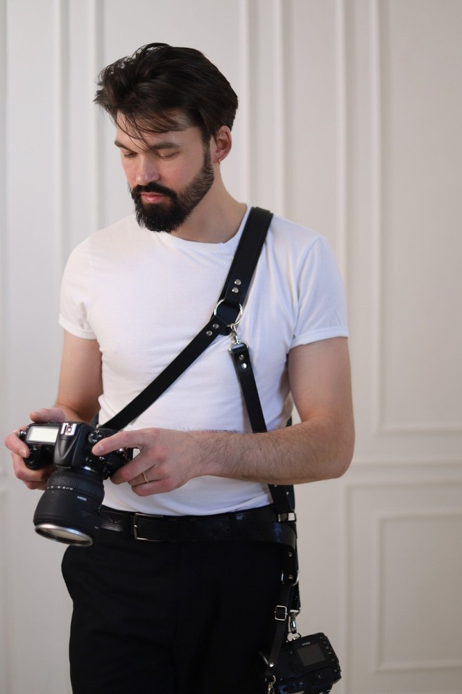 Leather Dual Camera Harness, Adjustable Double Camera Strap Custom