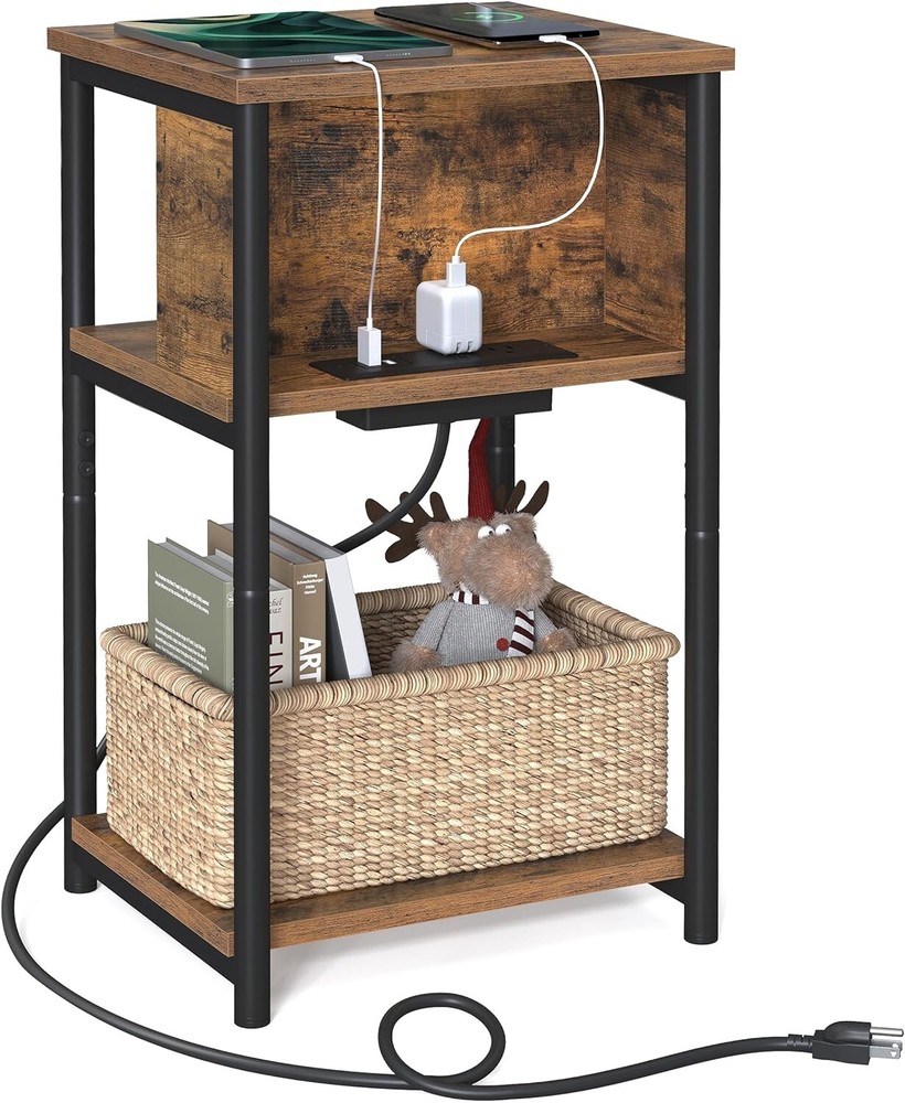 Versatile End Table with Charging Station - USB Ports - Rustic Brown and Black