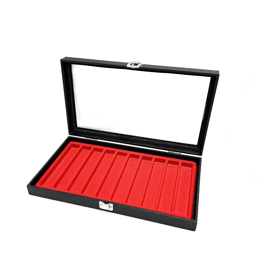 Pocket Knife Black Glass Top Red 10 Slot Liner Storage Organizer Display Case