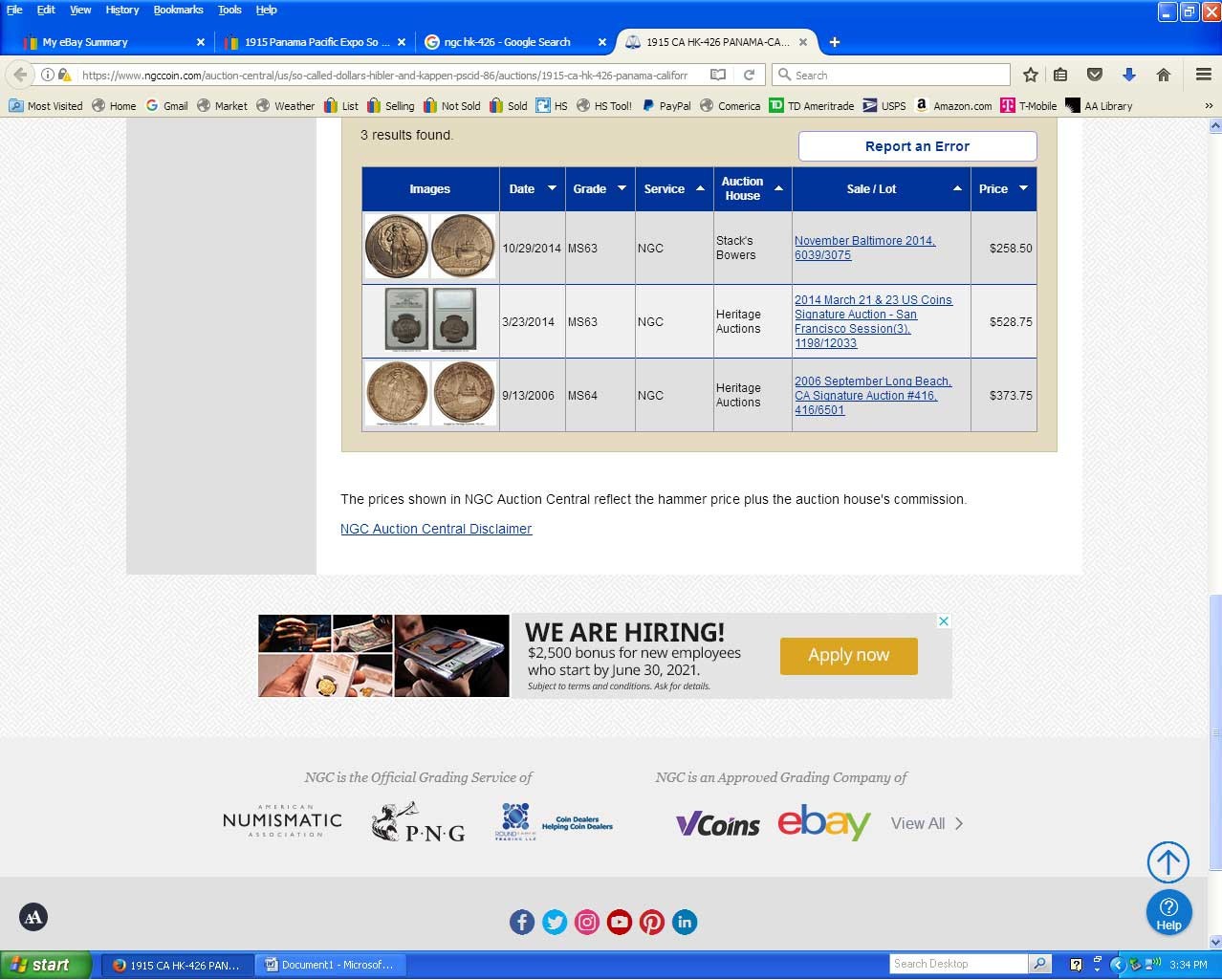 1915 HK-426 : Silver S.S. Ancon Panama-Pacific Exposition So-Called Dollar