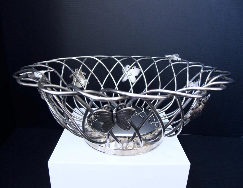 Godinger Silverplate Serving / Bread / Fruit Basket Butterfly Dragonfly Bee Bug