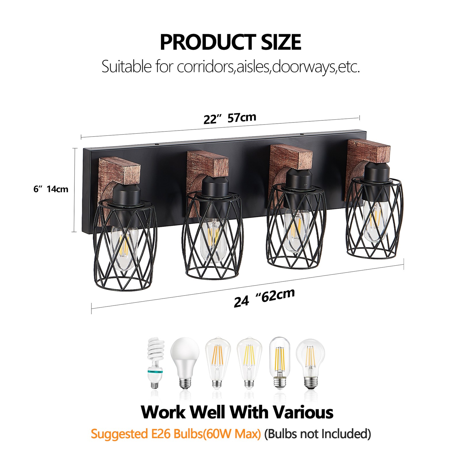 24" Rustic Caged Vanity Light 4 Lights Bathroom Mirror Wall Lamp Sconce Fixture