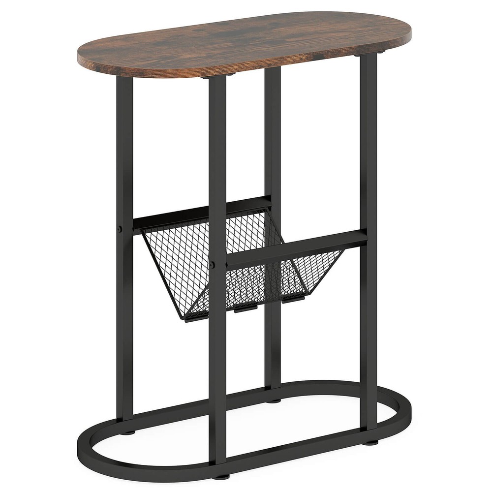 2-tier Side Table Oval Narrow End Table Nightstand Bedside Table Brown