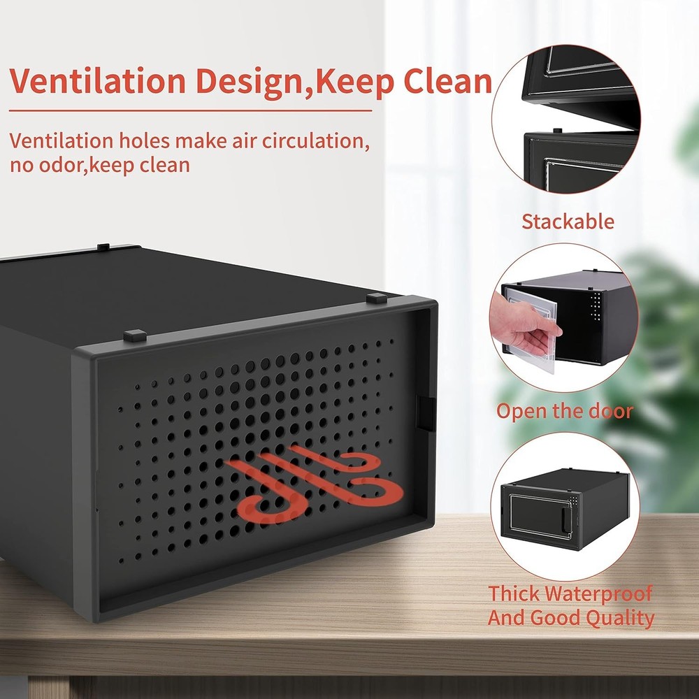 12 Pack Shoe Storage Box Fit Size 11,Clear Plastic Stackable Shoe Case Black