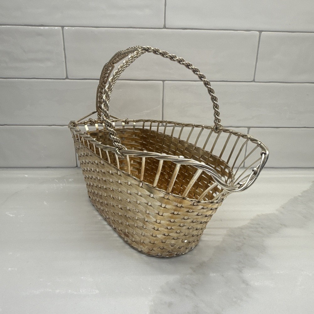 William Adams France Silverplate Wine Bottle Holder Woven Basket Vintage