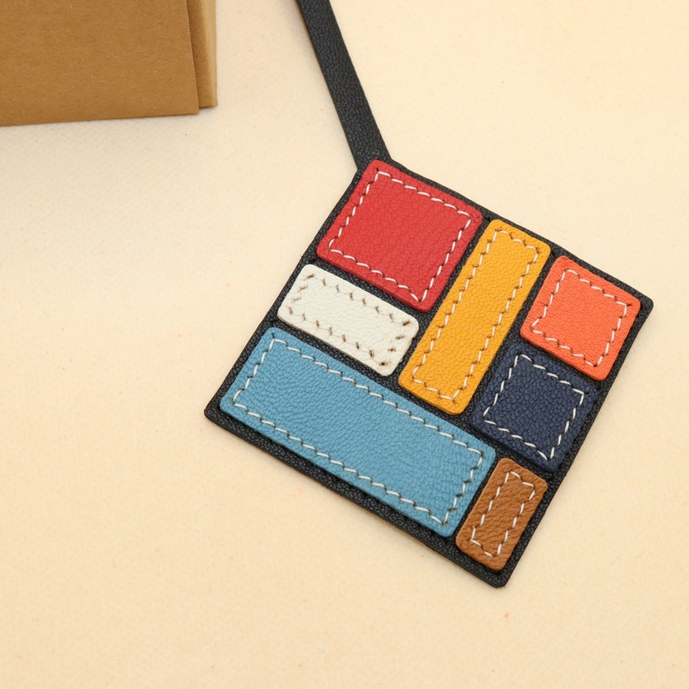 Handcrafted Multicolor Leather Geometric Art Bag Charm, Patchwork Design,Style B