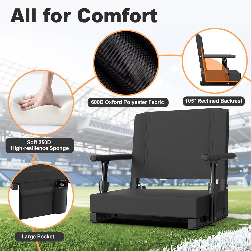 Portable Stadium Seats with Back Support, Thick Cushion, Armrests, and Strap