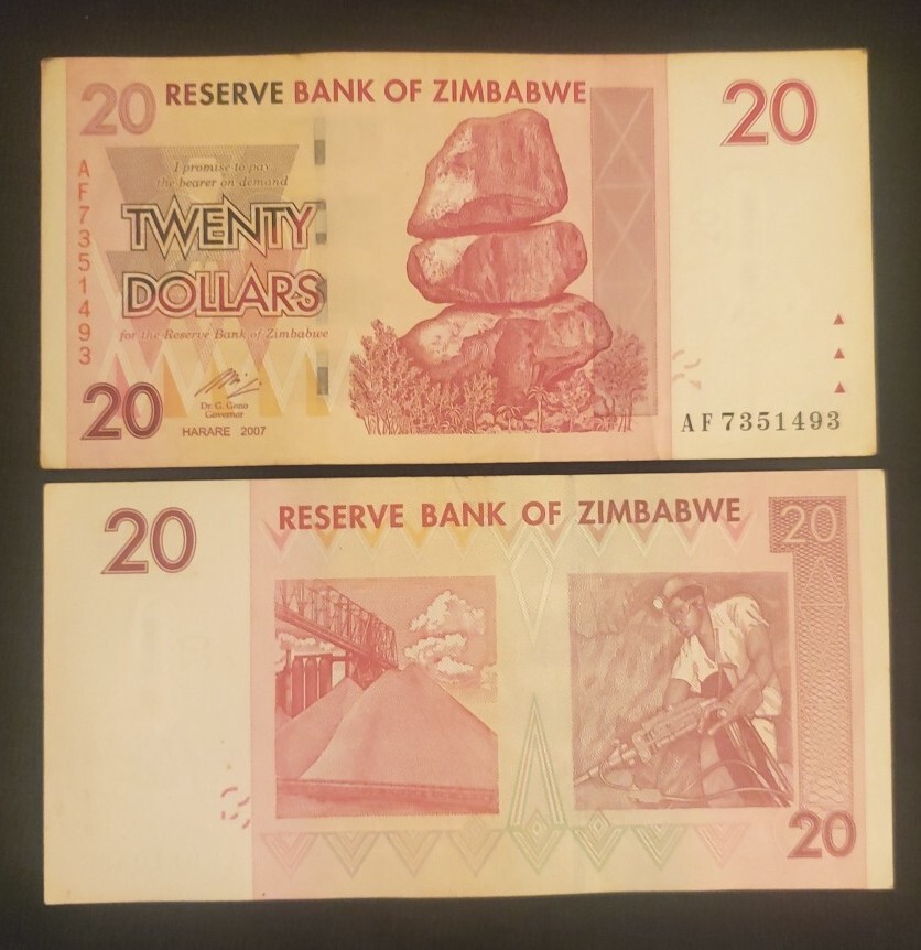 Zimbabwe $20 Dollar Note - 2007 circulated It.# E-43 (1 Note Per Order)