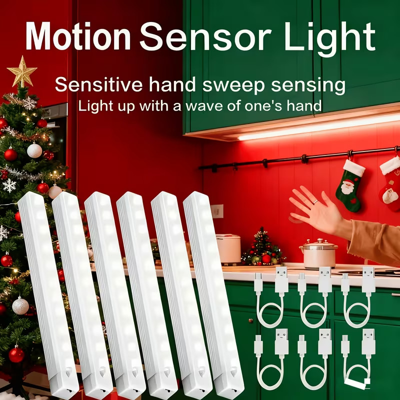 6 PCS SET Bright White Motion Sensor LED Cabinet Lights Compact Glare Light