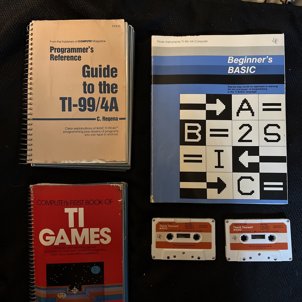 TI99/4A Programmers Reference, Beginners Basic, TI Games Books & Teach Cassettes