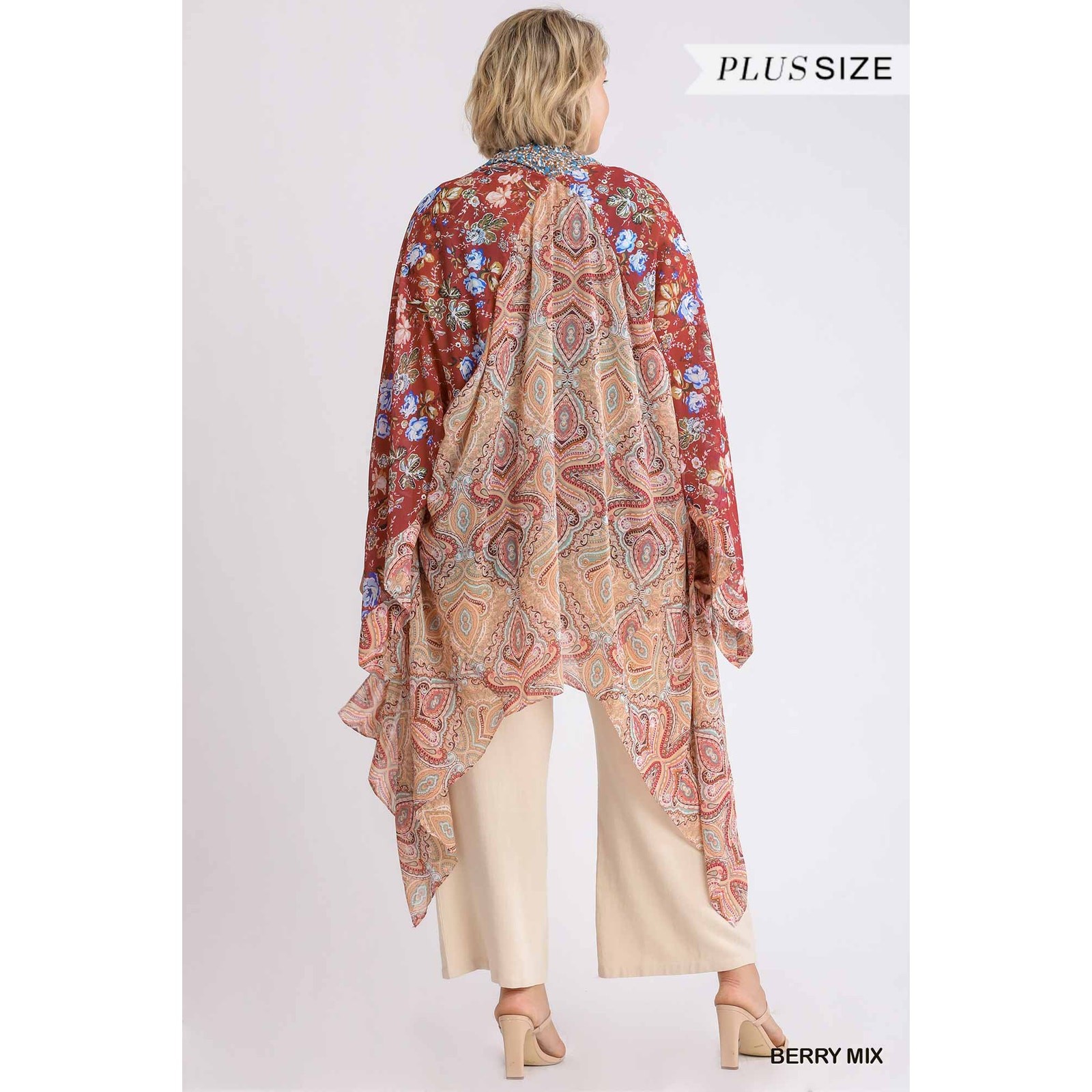 Umgee Sheer Long Paisley Floral Boho Kimono in Berry Mix Plus Size 1XL/2XL