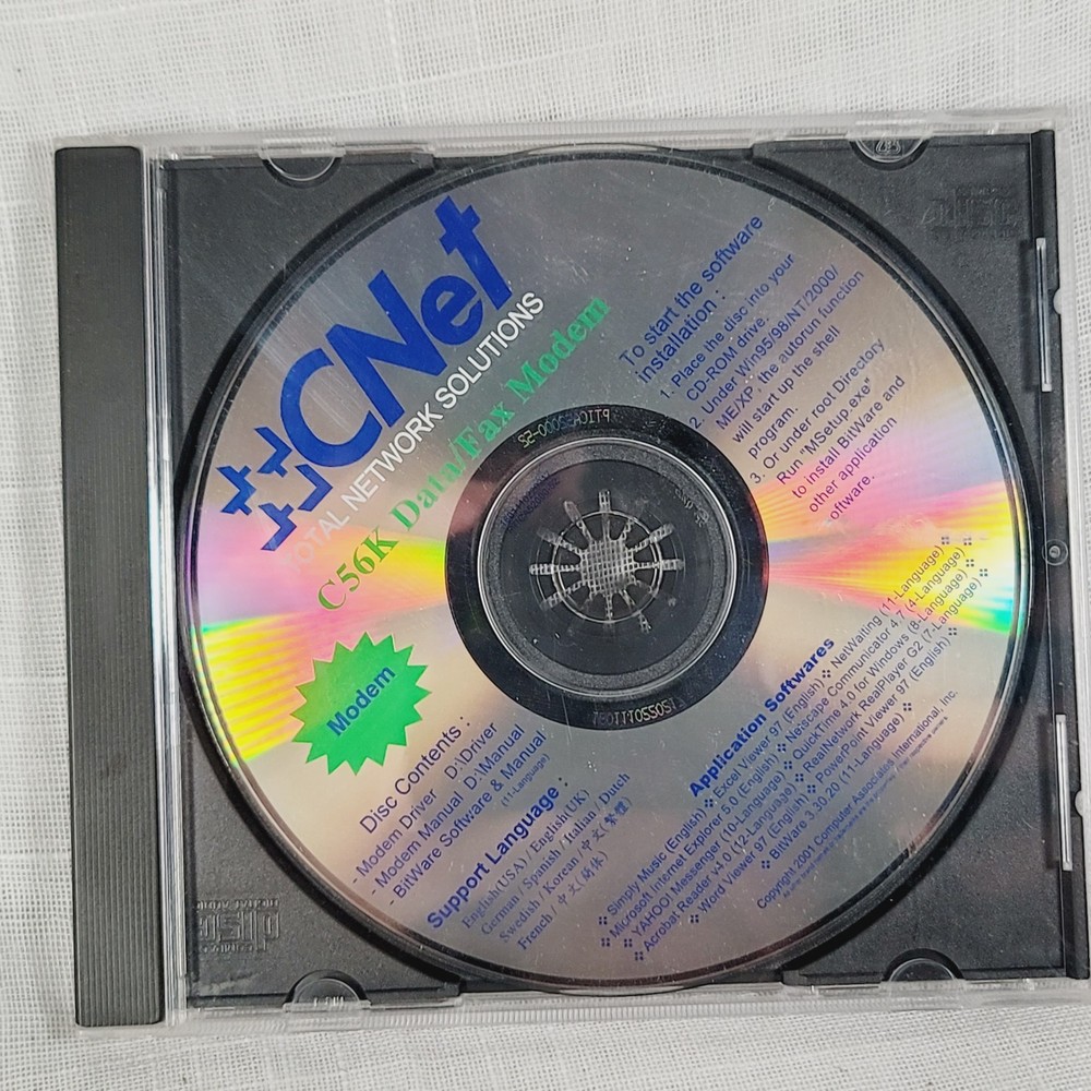 CNet Total Network Solutions C56K Data/Fax Modem Software Disc CD Rom 2001