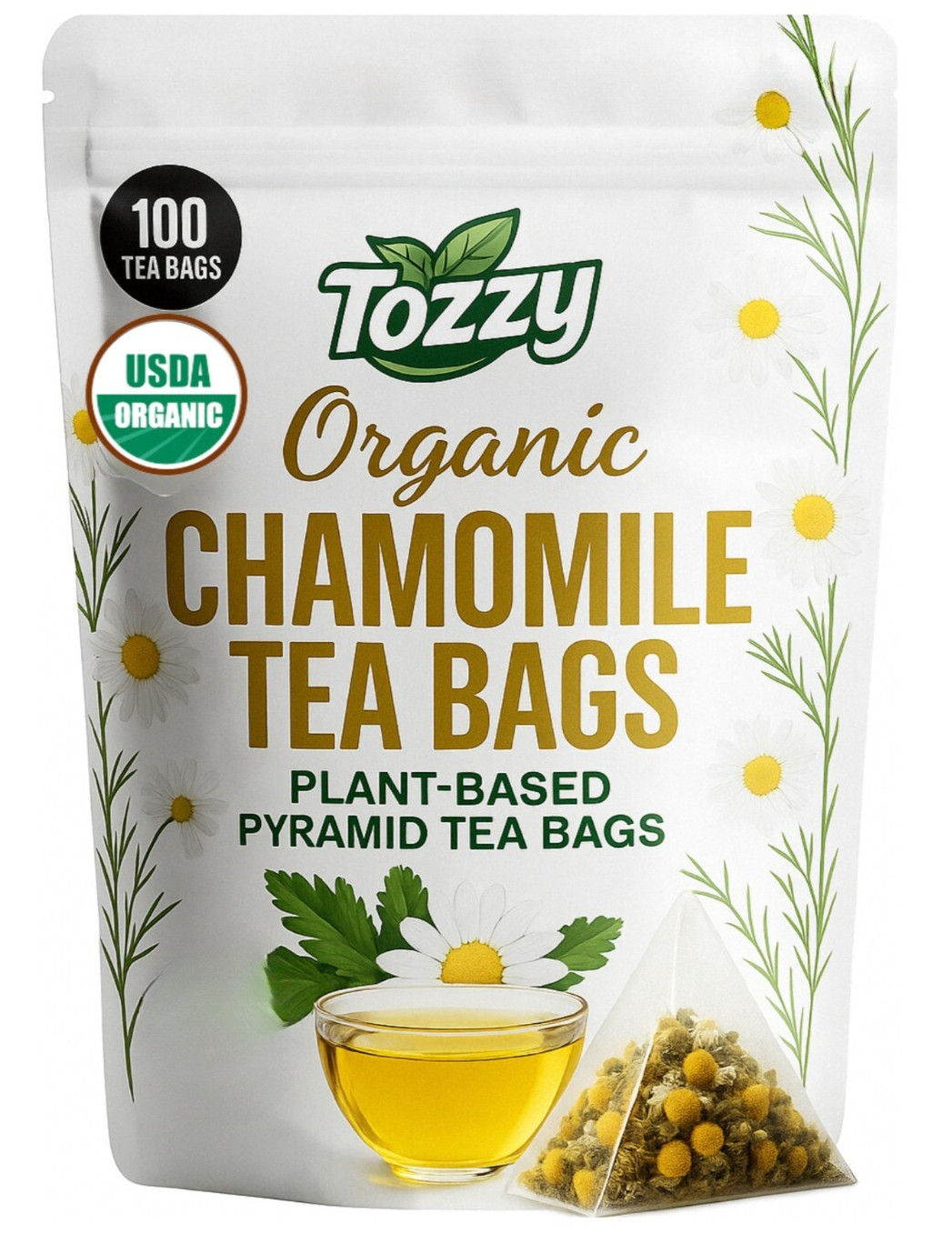 Organic Chamomile Tea Bags - 100 Count (Plant-Based Pyramid Tea Bags)