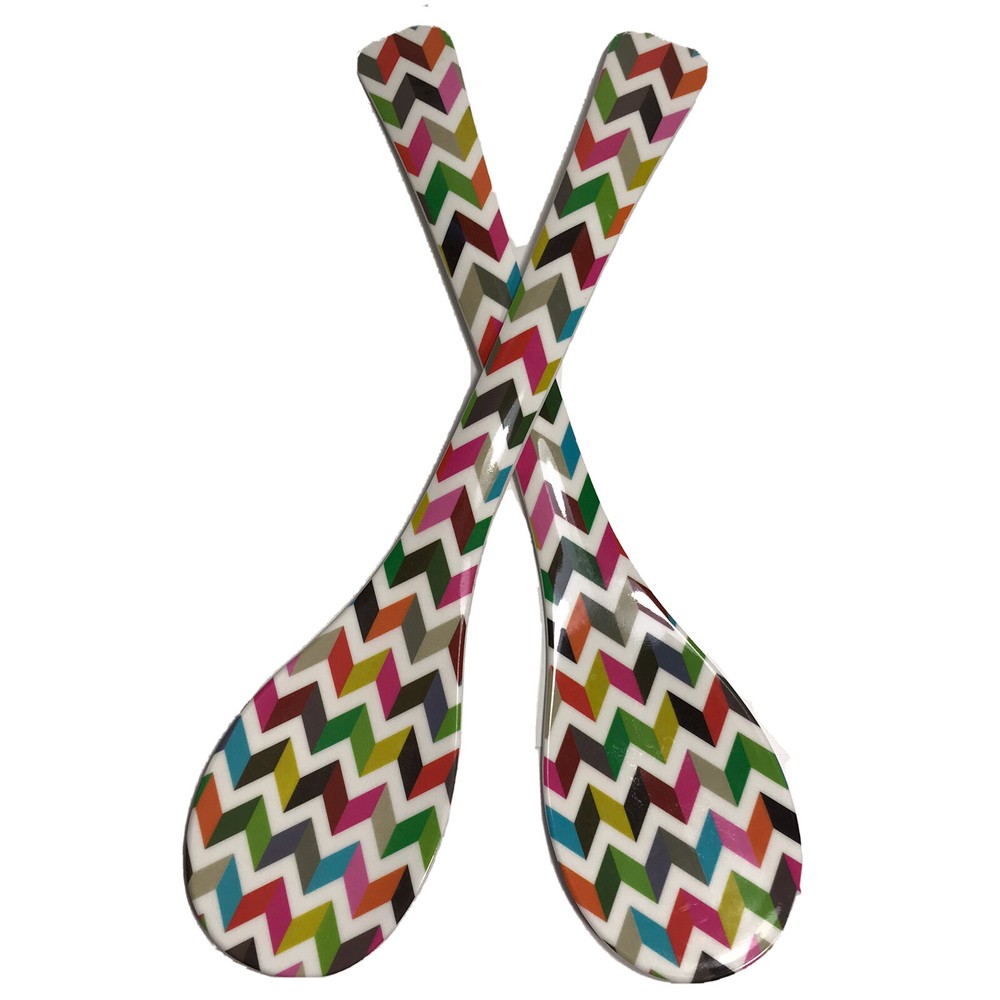 Two Melamine Large Salad Serving Spoons Modern Kitchen Colorful Chevron Pattern