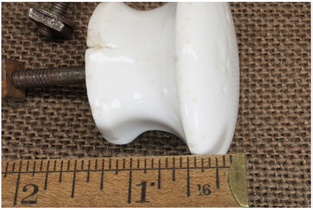 4 Old Knobs 2” Drawer Pulls Door White Porcelain 1800's Square Nuts Vintage CHIP