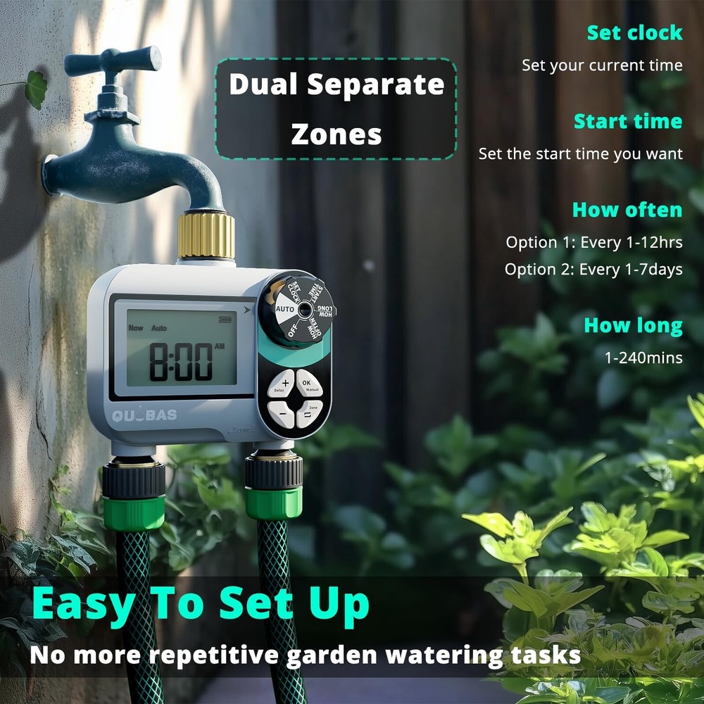 2 Zone Sprinkler Timer with Brass Inlet & Outlet, Programmable Water Timer fo...