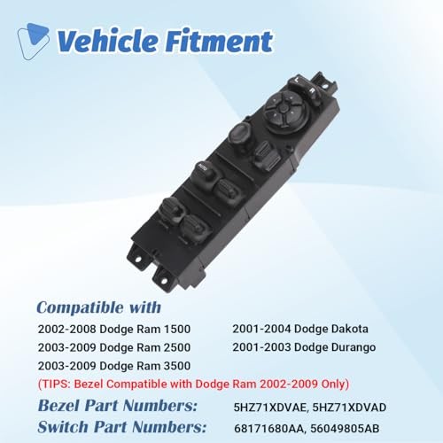 Power Door Window Switch+Bezel Master Control Compatible with 2002-2009 Dodge