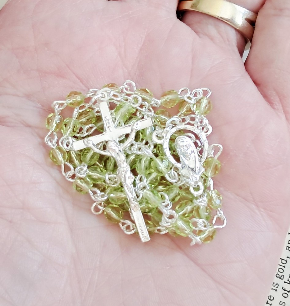 Mini Light Green Czech Glass Rosary in Silver