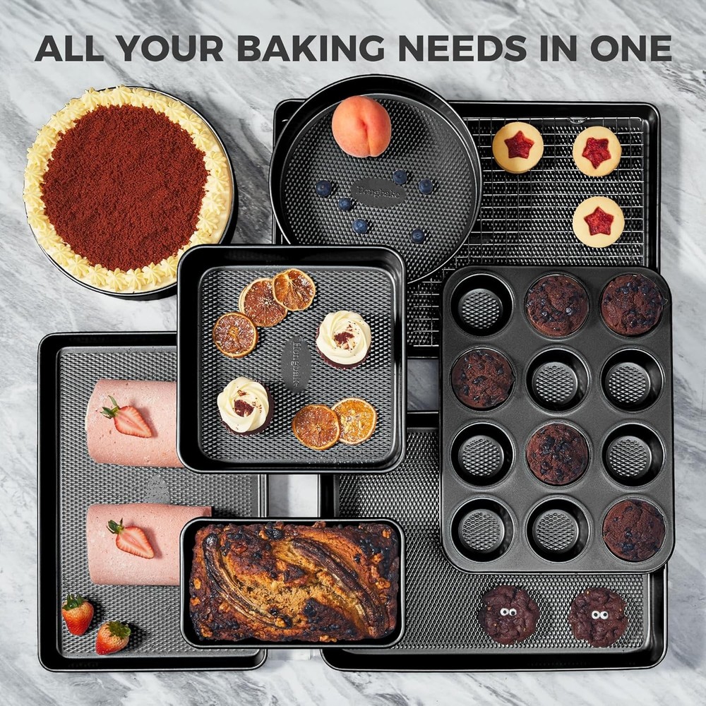 9 Piece Baking Pans Set Nonstick Stackable Non Toxic Bakeware Set Dark Gray