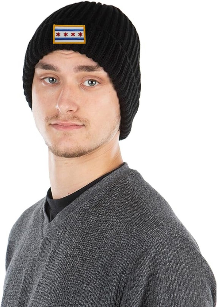 Chicago Flag Patch Cuffed Ribbed Beanie Hat Gold Border Black