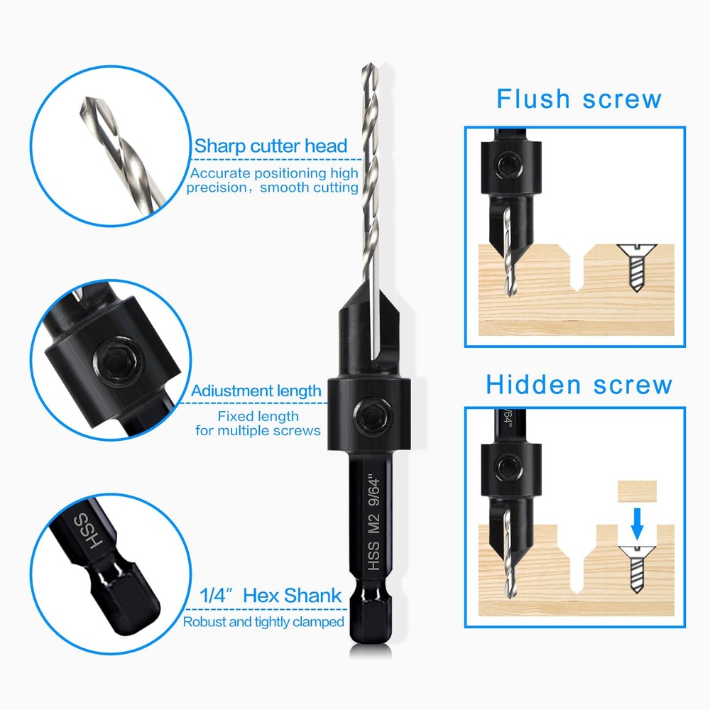 5-pc #12 Countersink Drill Bit Set, 3in1 5 Piece Set (#12)