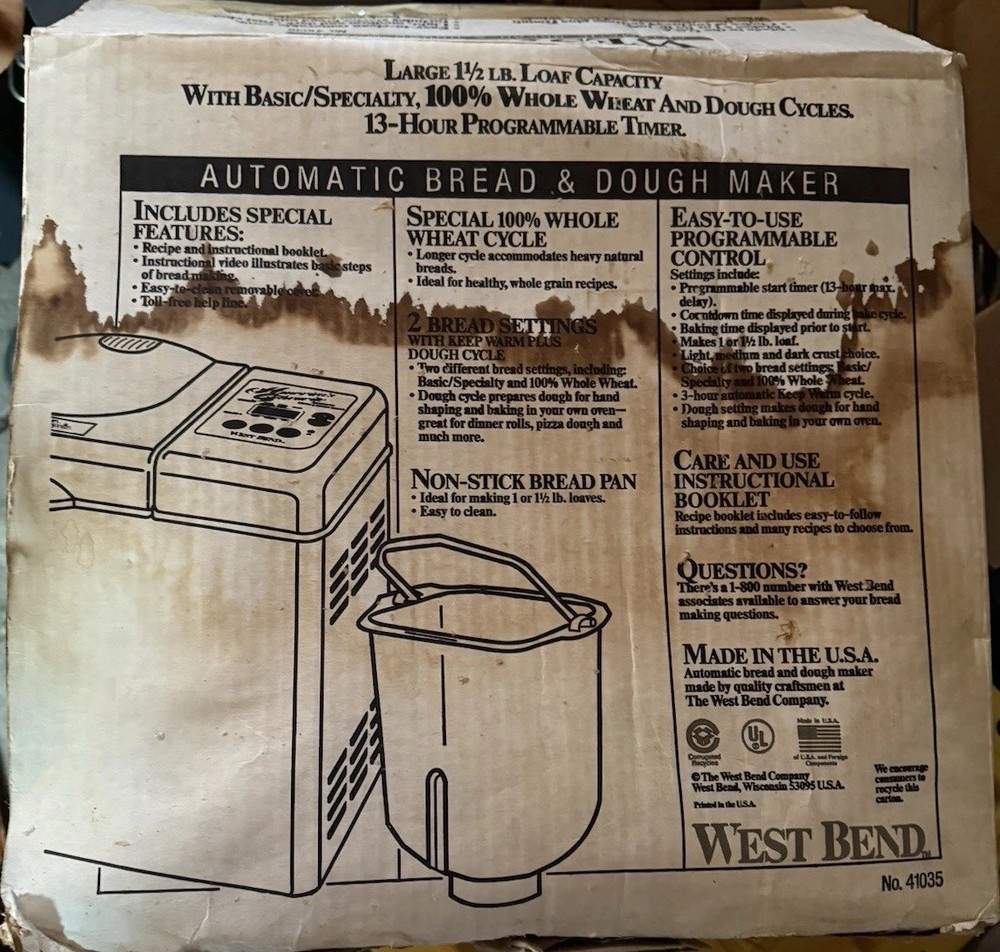 West Bend Automatic Bread & Dough Maker Machine Model 41035 Box Damage But New