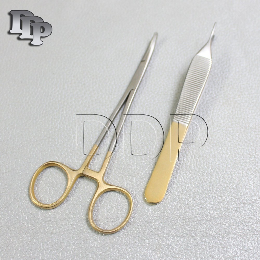 2 PCS GOLD HANDLE SUTURE KIT MOSQUITO CVD 5" + ADSON TISSUE FORCEPS