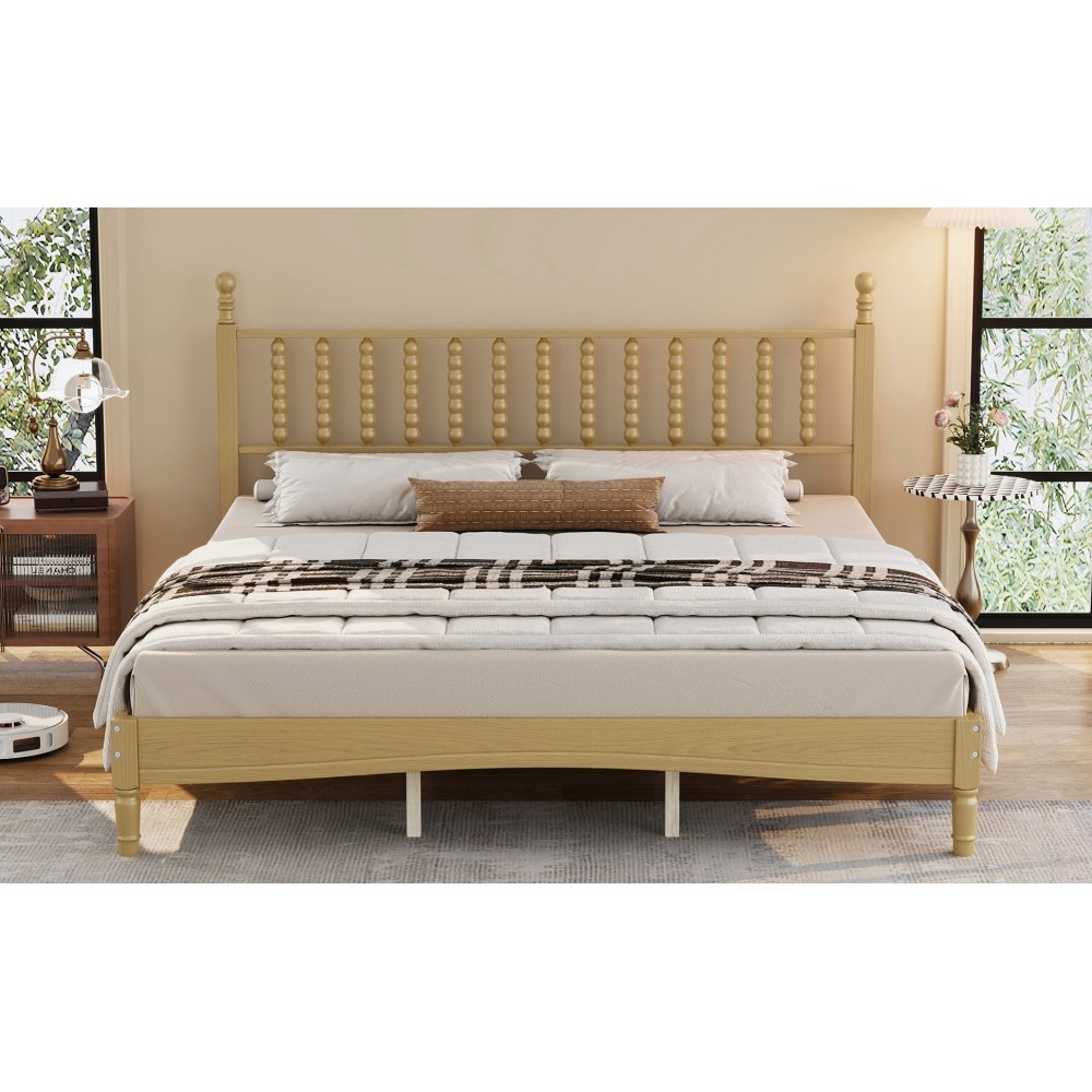 King Platform Bed Retro Frame With Gourd Headboard No Box Spring