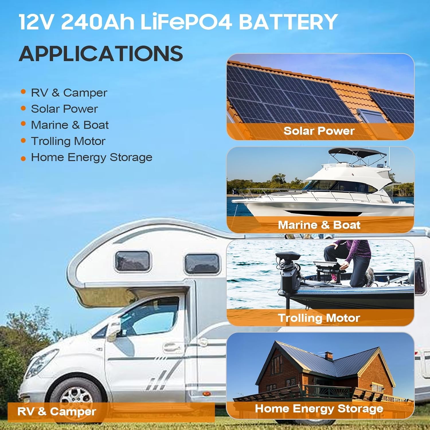 BtrPower 12V 240Ah Lithium LiFePO4 Battery with 100A BMS for Golf Cart RV Solar