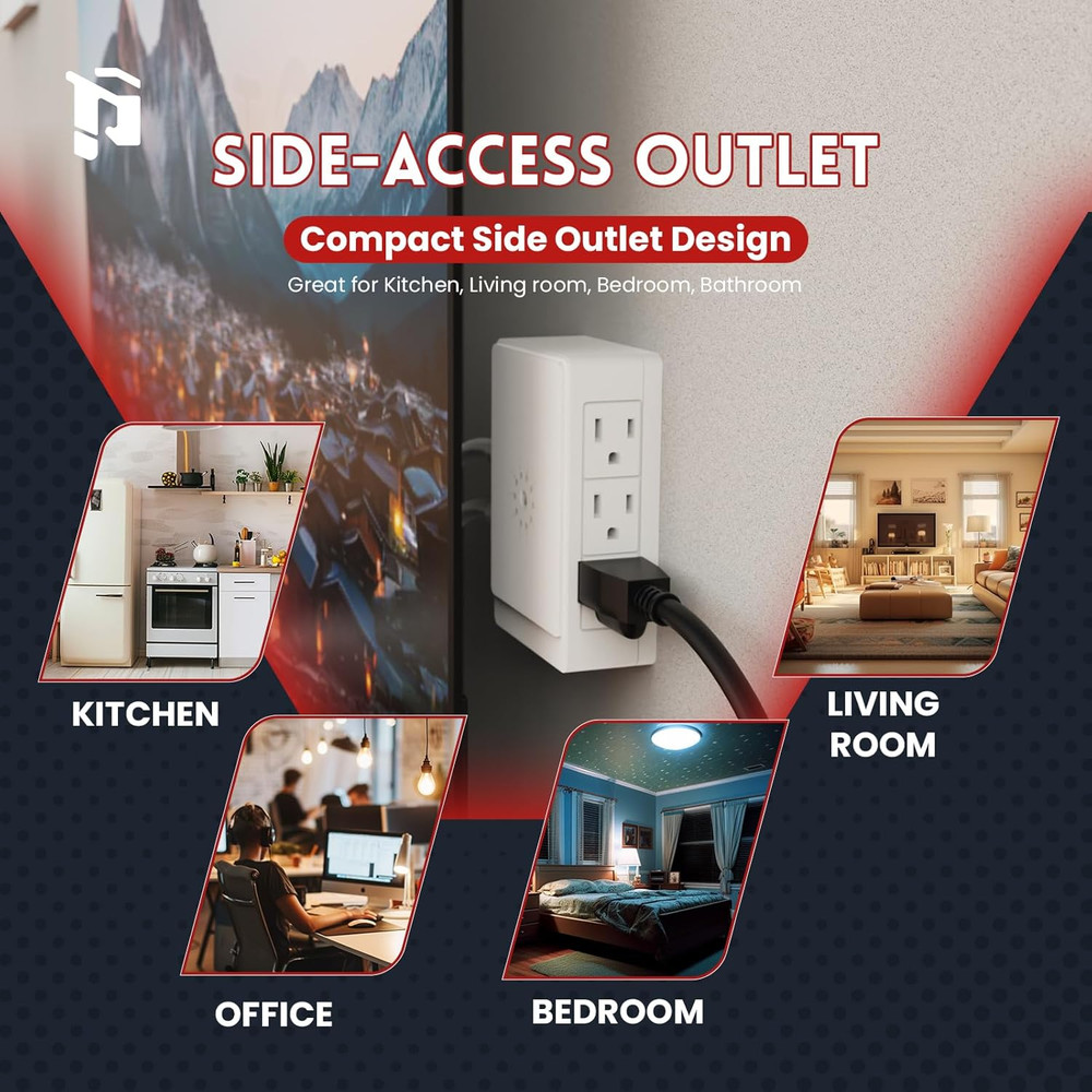 2 Pack Side Outlet Plug Adapter, 6-Outlet Extender, 3-Prong, Multiple Plug, Wall