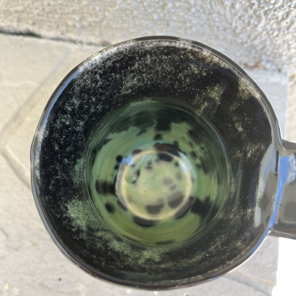 Studio Pottery Mug Cup Black Drip Glaze Green Inside Cup